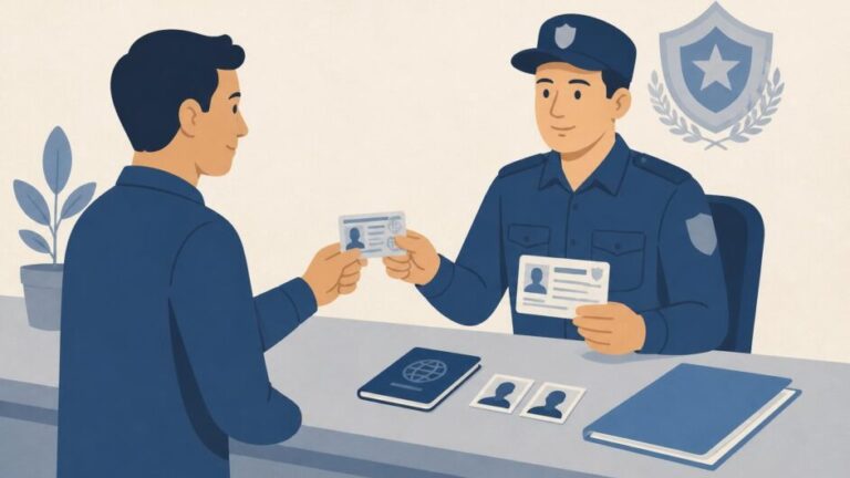 Persona presenta una licencia extranjera y documentos en una oficina de trámites.