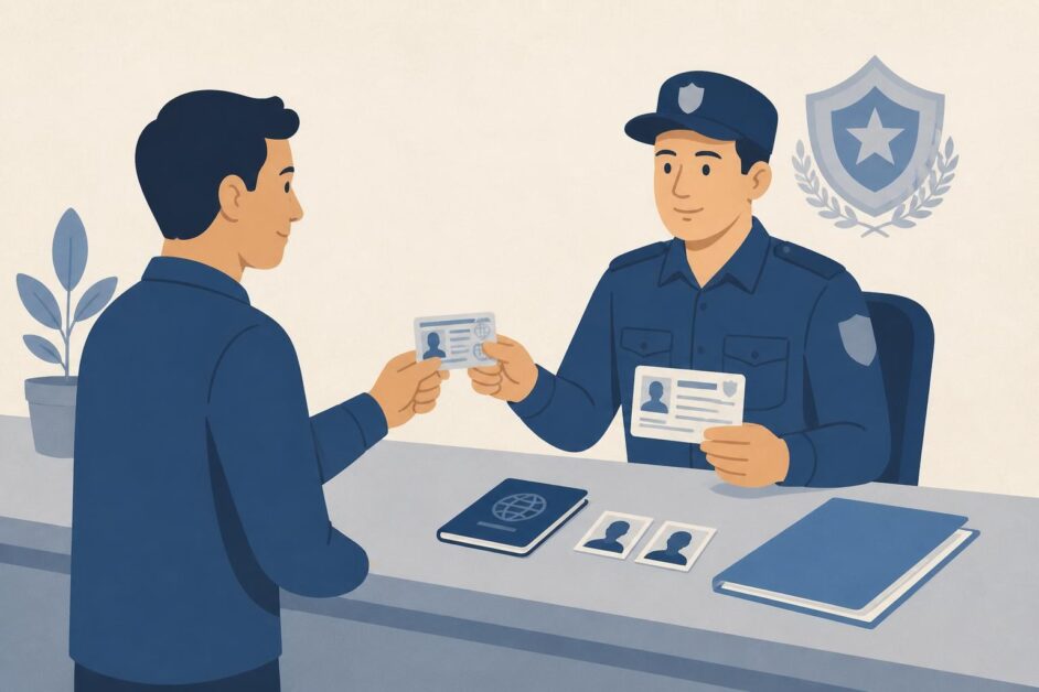 Persona presenta una licencia extranjera y documentos en una oficina de trámites.