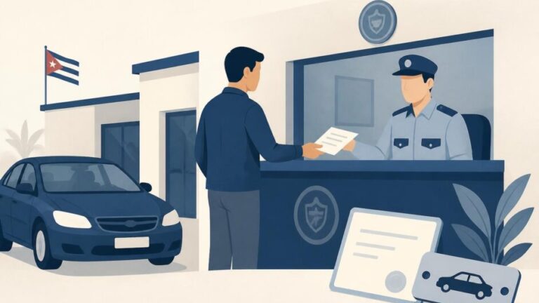 Persona realiza el cambio de una licencia de circulación en una oficina de registro vehicular junto a un automóvil.