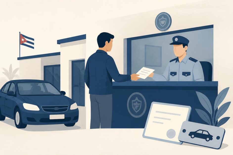 Persona realiza el cambio de una licencia de circulación en una oficina de registro vehicular junto a un automóvil.