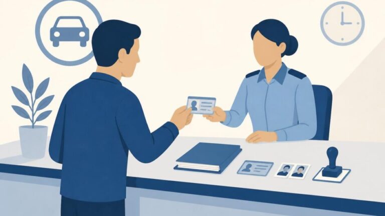 Persona entrega su licencia y documentos en una oficina de trámites de tránsito.