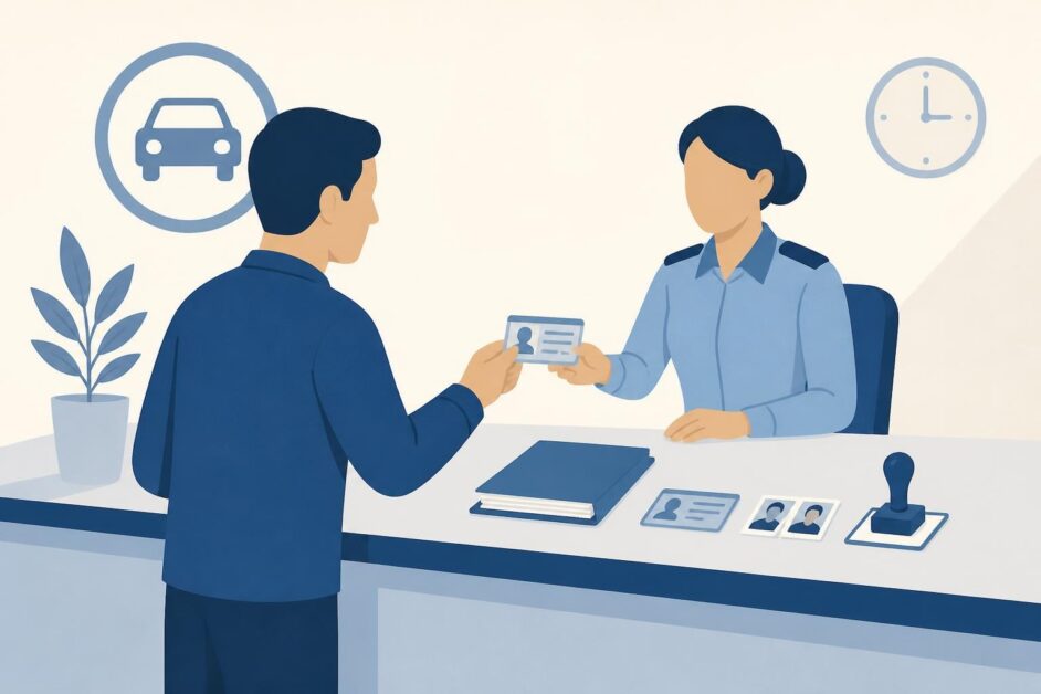Persona entrega su licencia y documentos en una oficina de trámites de tránsito.