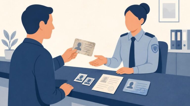 Persona entrega una licencia deteriorada en un mostrador para recibir una nueva.