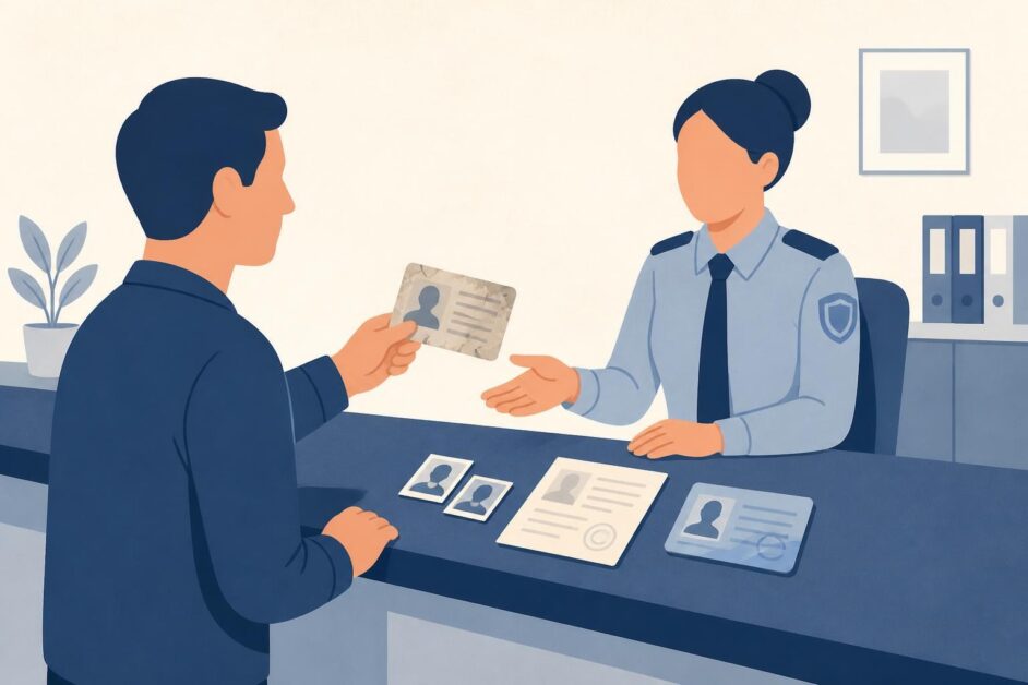 Persona entrega una licencia deteriorada en un mostrador para recibir una nueva.