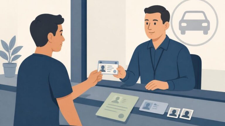 Persona presenta una licencia militar y documentos en una oficina de trámites para obtener una licencia ordinaria.
