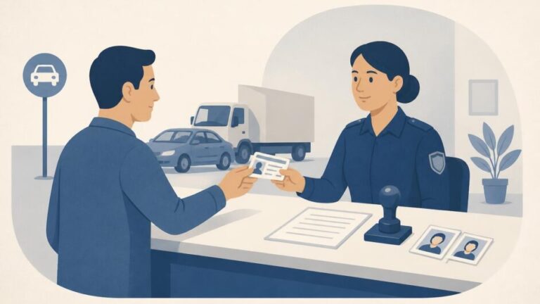 Persona presenta su licencia y documentos en una oficina de trámites, con un automóvil y un camión al fondo.