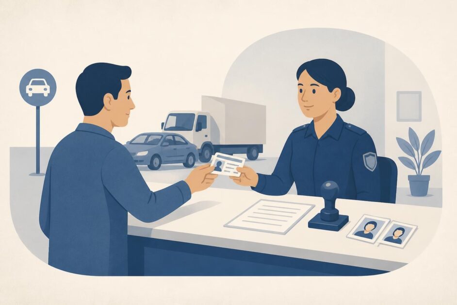 Persona presenta su licencia y documentos en una oficina de trámites, con un automóvil y un camión al fondo.