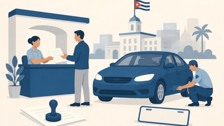 Persona realiza la reinscripción de un automóvil ante un agente de tránsito en una oficina de registro.