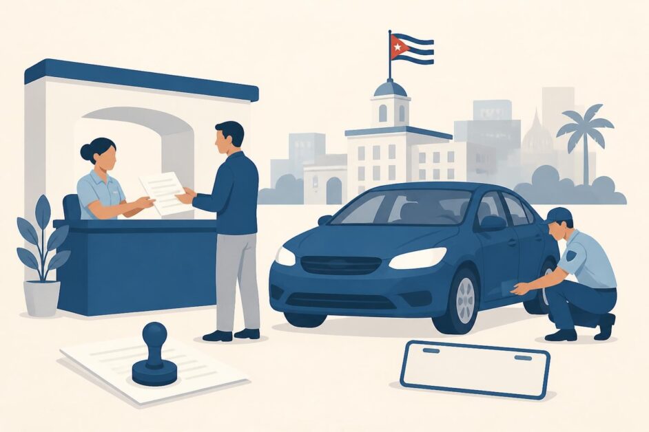 Persona realiza la reinscripción de un automóvil ante un agente de tránsito en una oficina de registro.