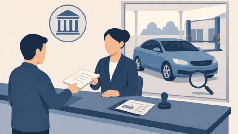 Persona presenta documentos para registrar el traspaso de un automóvil en una oficina pública.