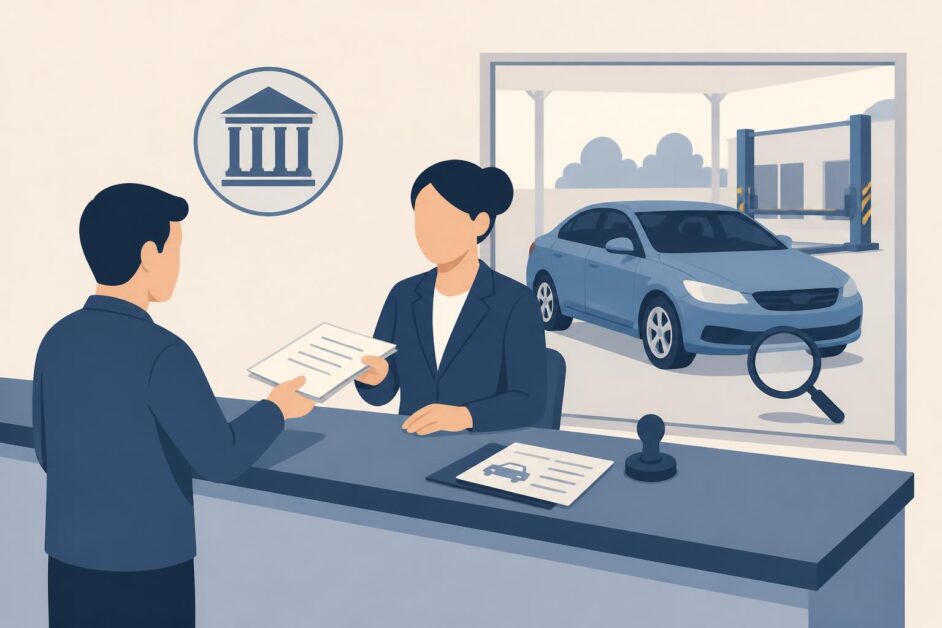 Persona presenta documentos para registrar el traspaso de un automóvil en una oficina pública.
