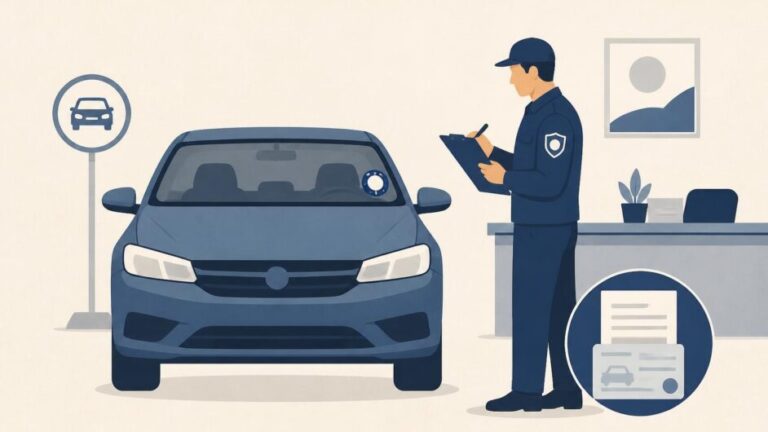 Inspector revisa un automóvil y sus documentos en una oficina de tránsito.