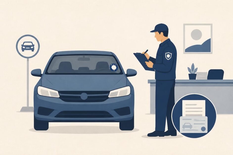 Inspector revisa un automóvil y sus documentos en una oficina de tránsito.