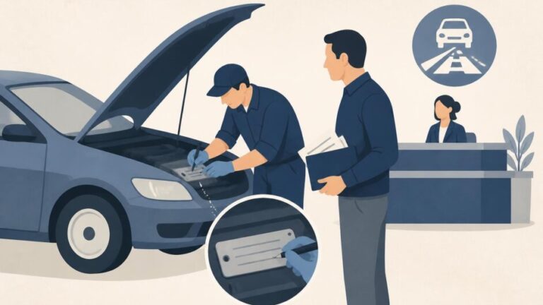 Inspector revisa el motor abierto de un vehículo junto a su propietario en una oficina de tránsito.