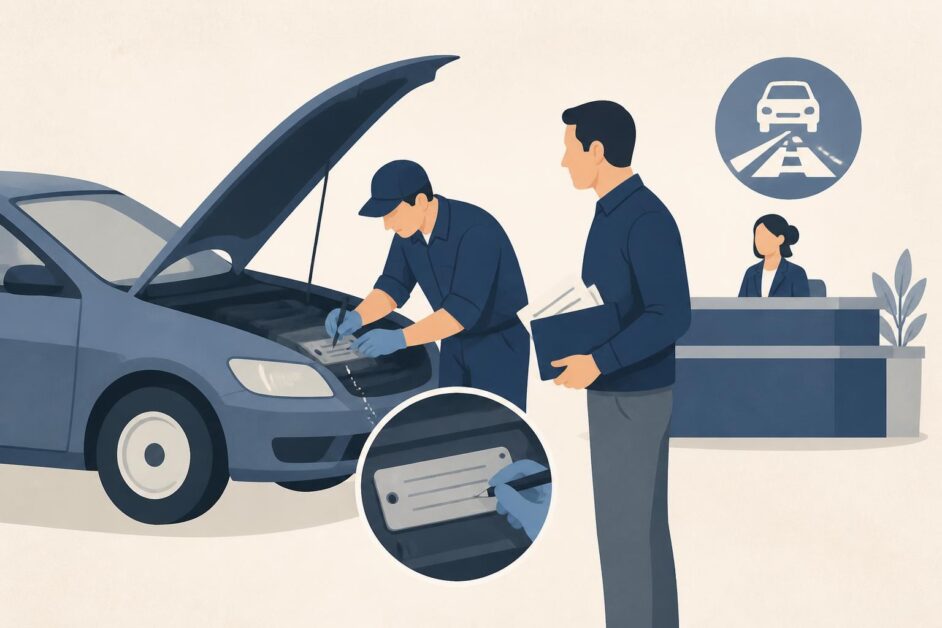 Inspector revisa el motor abierto de un vehículo junto a su propietario en una oficina de tránsito.