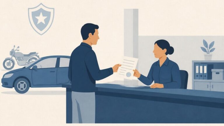 Persona presenta una solicitud y documentos en una oficina de registro, con un automóvil y una motocicleta al fondo.