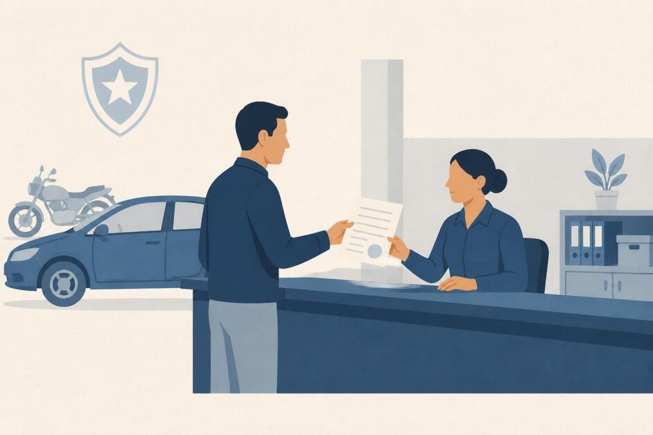 Persona presenta una solicitud y documentos en una oficina de registro, con un automóvil y una motocicleta al fondo.
