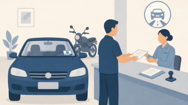 Persona realiza el cambio de pegatina de un automóvil en una oficina de Registro de Vehículos.
