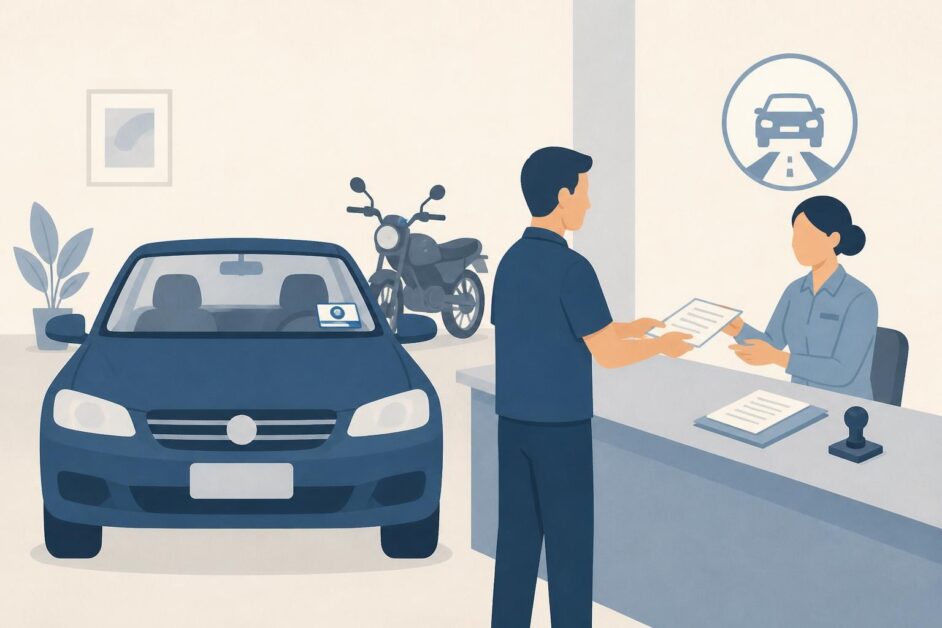 Persona realiza el cambio de pegatina de un automóvil en una oficina de Registro de Vehículos.