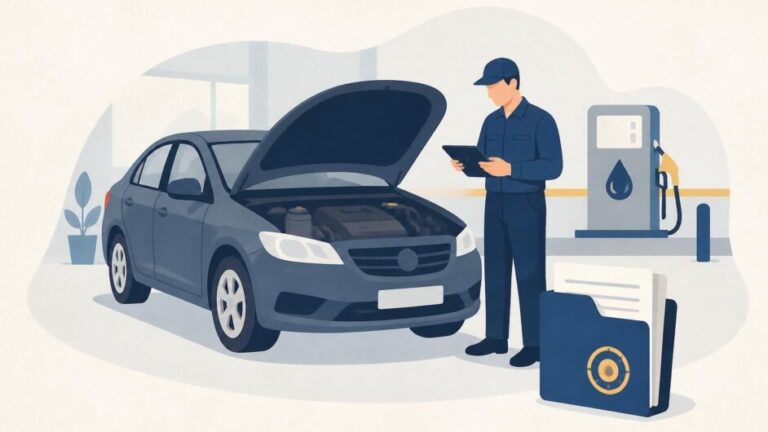 Técnico inspecciona un automóvil con el motor abierto junto a documentos de registro en un taller.