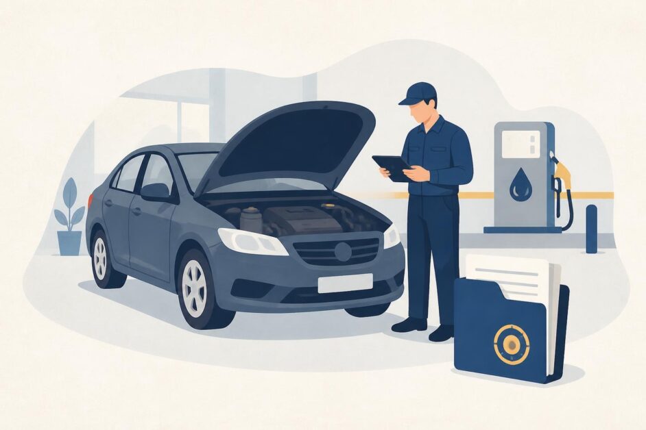 Técnico inspecciona un automóvil con el motor abierto junto a documentos de registro en un taller.