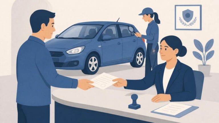 Persona presenta un automóvil recién pintado ante una funcionaria de registro para actualizar su licencia.