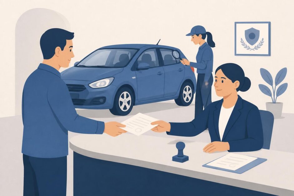 Persona presenta un automóvil recién pintado ante una funcionaria de registro para actualizar su licencia.
