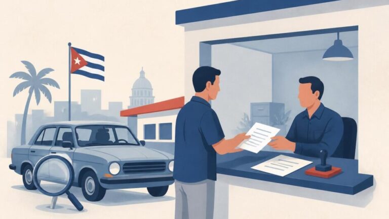 Persona presenta documentos en una oficina de registro mientras un automóvil espera inspección.
