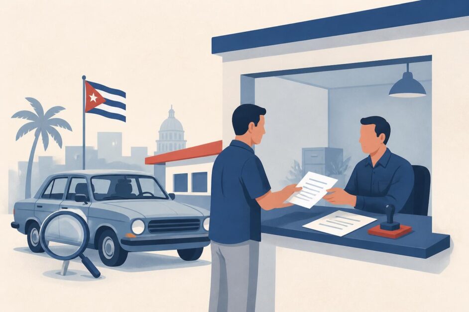 Persona presenta documentos en una oficina de registro mientras un automóvil espera inspección.