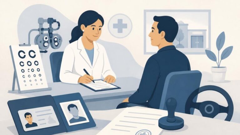 Persona realiza una evaluación visual y médica en un policlínico para solicitar licencia de conducción.