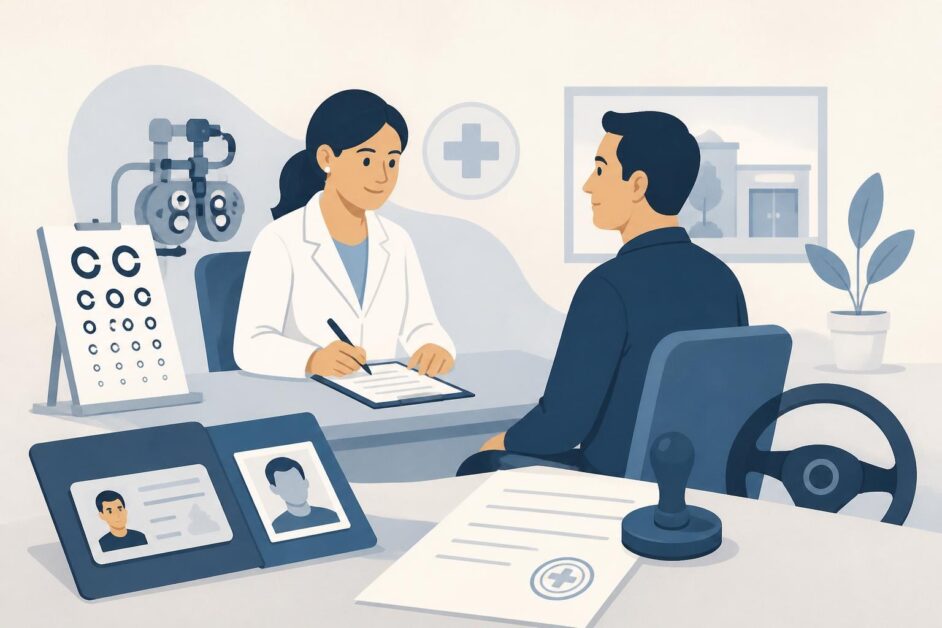 Persona realiza una evaluación visual y médica en un policlínico para solicitar licencia de conducción.