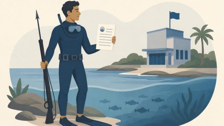 Persona buceadora solicita una licencia para pesca submarina recreativa junto a la costa.