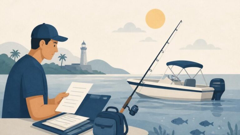 Persona con documentos y caña junto a una embarcación de pesca recreativa en la costa.
