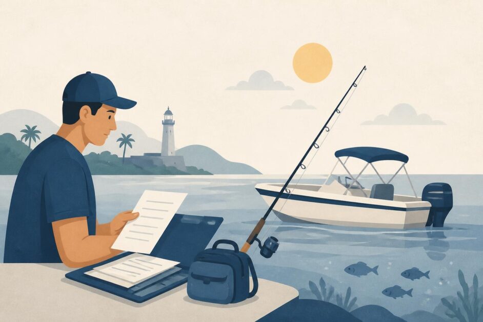 Persona con documentos y caña junto a una embarcación de pesca recreativa en la costa.