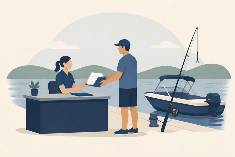 Organizadora entrega documentos para una licencia junto a una embarcación de pesca en un embalse.