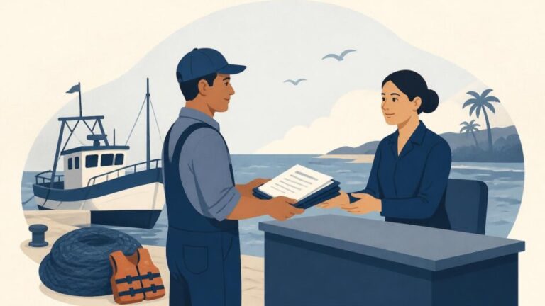 Pescador presenta documentos para una licencia junto a una embarcación pesquera en un muelle.