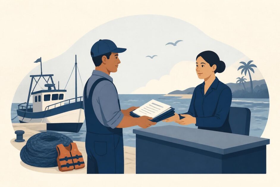 Pescador presenta documentos para una licencia junto a una embarcación pesquera en un muelle.