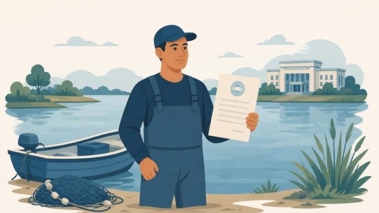 Pescador con una embarcación y un documento de licencia frente a un acuatorio.