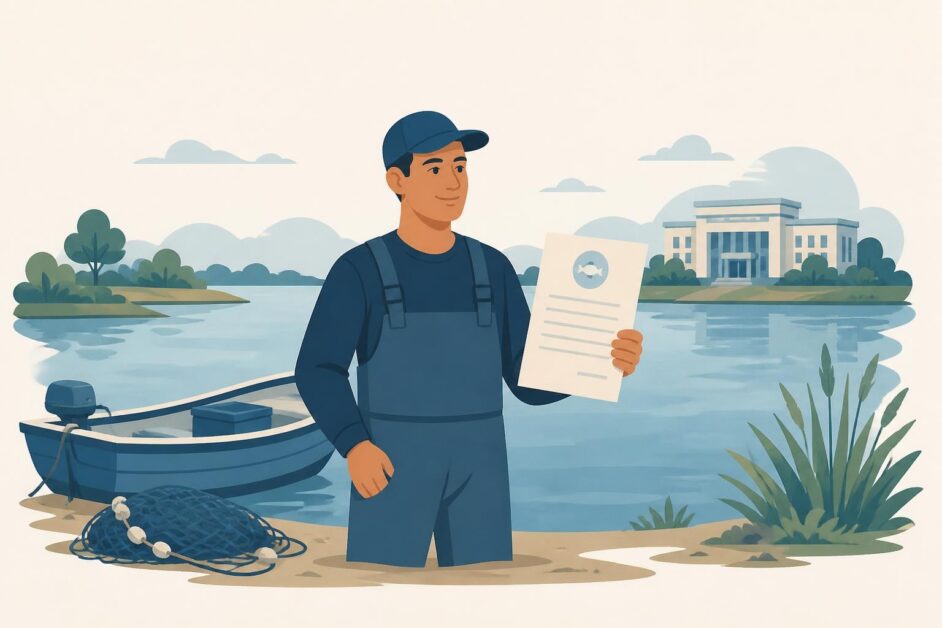 Pescador con una embarcación y un documento de licencia frente a un acuatorio.