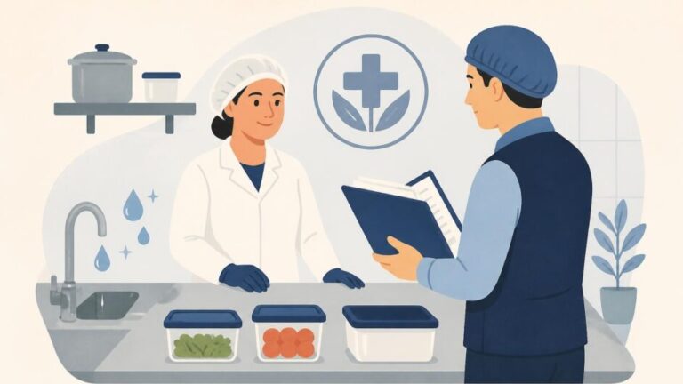 Emprendedora e inspector revisan las condiciones sanitarias de un pequeño local de alimentos.