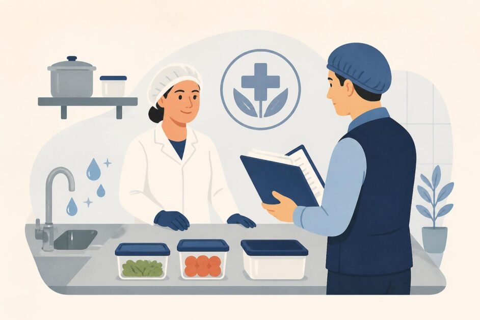 Emprendedora e inspector revisan las condiciones sanitarias de un pequeño local de alimentos.