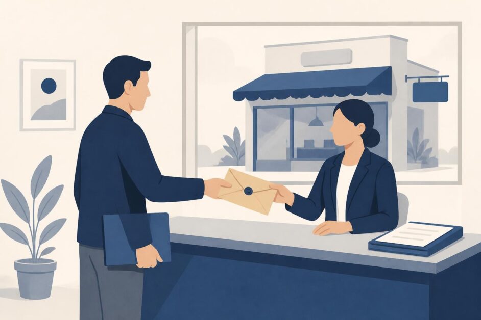 Persona entrega un sobre sellado a una funcionaria en una oficina, con un establecimiento comercial al fondo.