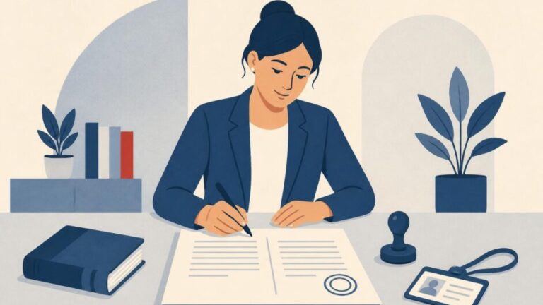 Profesional en un escritorio con un documento certificado, un cuño y un carné de acreditación.