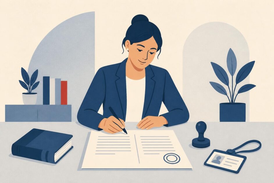 Profesional en un escritorio con un documento certificado, un cuño y un carné de acreditación.