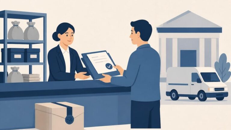 Persona presenta documentos en una oficina postal junto a un paquete y una camioneta de reparto.