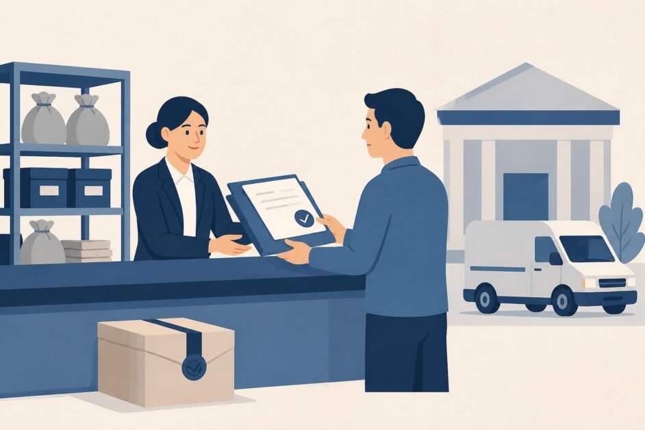 Persona presenta documentos en una oficina postal junto a un paquete y una camioneta de reparto.