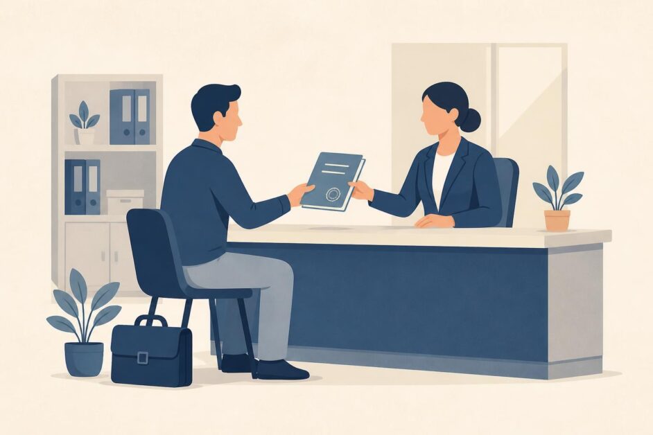 Persona entrega una carpeta de proyecto en una oficina de trámites para iniciar trabajo por cuenta propia.