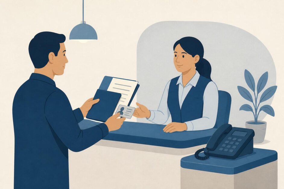 Persona presenta documentos en un mostrador junto a un teléfono fijo para gestionar una licencia de agente de telecomunicaciones.
