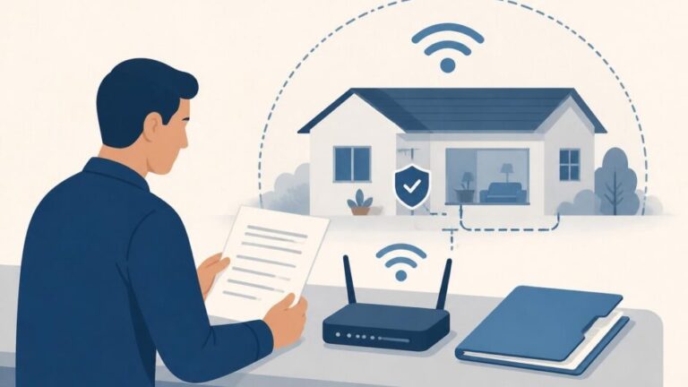 Persona prepara documentos junto a un router para solicitar una red privada dentro de una vivienda.