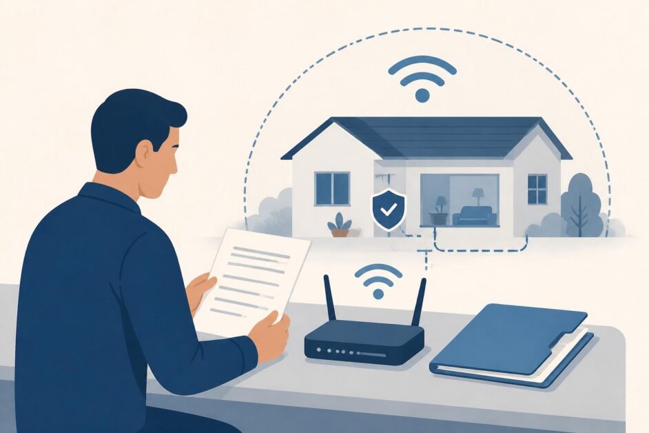 Persona prepara documentos junto a un router para solicitar una red privada dentro de una vivienda.